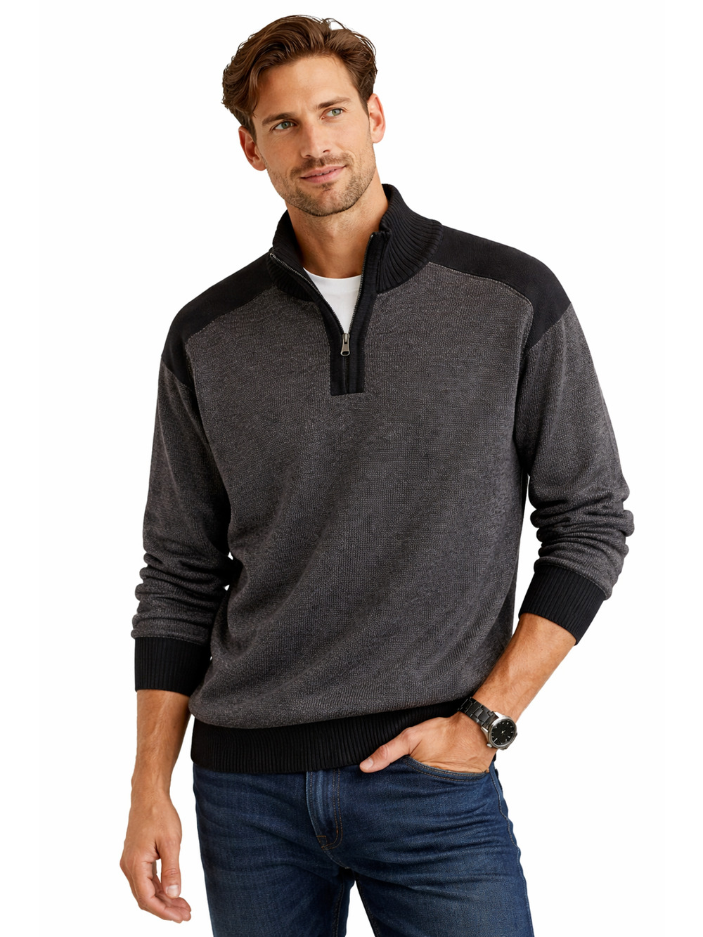 Scott James Quarter Zip Sweater XL Gray Black Knit Pullover Men’s Casual Modern